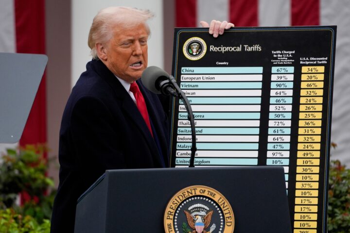 El president dels Estats Units, Donald Trump, mostra una taula amb els aranzels imposats a cadascun dels socis comercials dels Estats Units afectats pels 